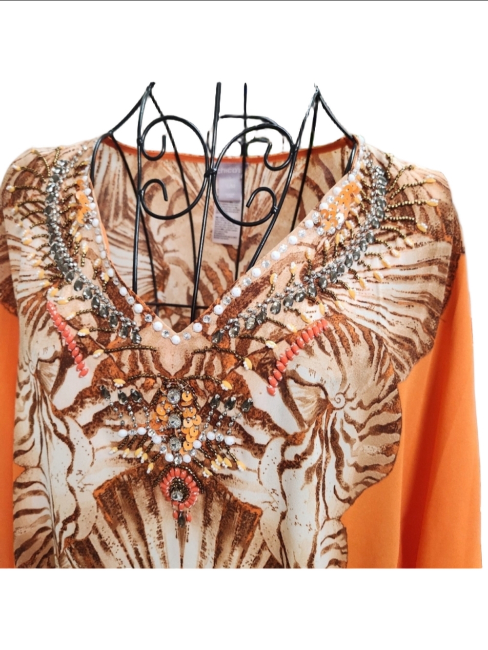 Chico's Orange and Brown Embellished Cap Sleeve Blouse Size S/M - Picture 2 of 9